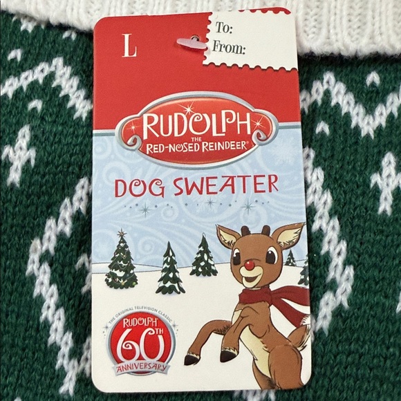 New Rudolph holiday dog sweater. Sz L. Rudolf & holiday motif. Green/white/red. - Picture 4 of 11